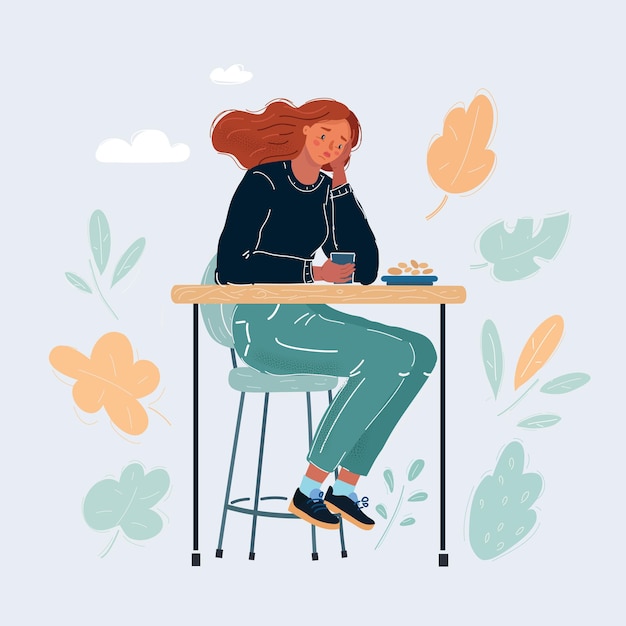 Vector illustration of Sad girl in cafe Glass in her hands Alone and lonely concept