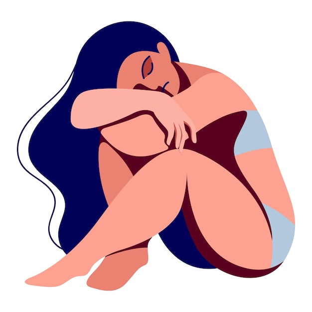 vector illustration sad girl is sitting on the floor, clasping her knees with her hands