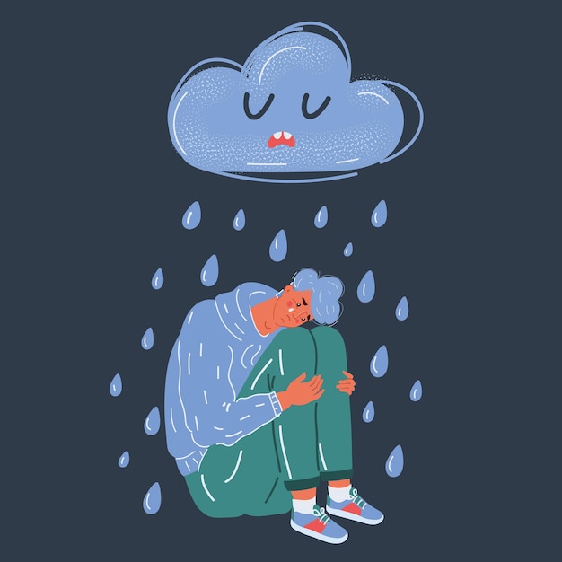 Vettore illustrazione vettoriale dell'uomo triste con la nuvola che piove sopra sul concetto di fallimento della vita su sfondo scuro