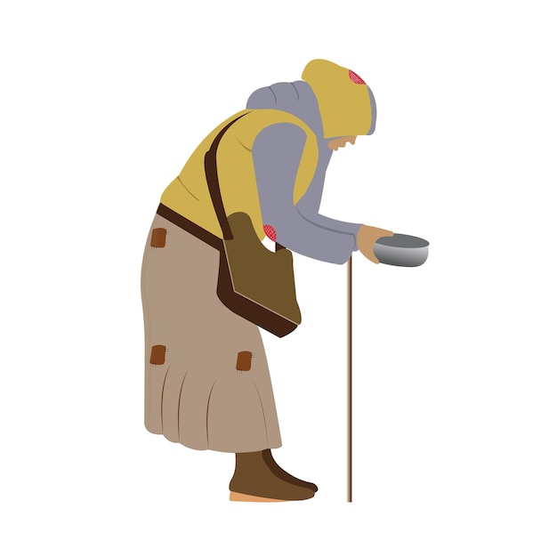 Illustrazione vettoriale di una vecchia mendicante triste che tiene in mano una borsa e un bastone