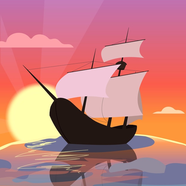 Vector illustration sail boat with white sails. Sunset ocean landscape. Pirate boat