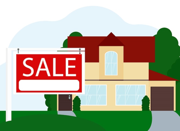 Vector illustration of a sale of a large residential building next to a sign with the text SALE