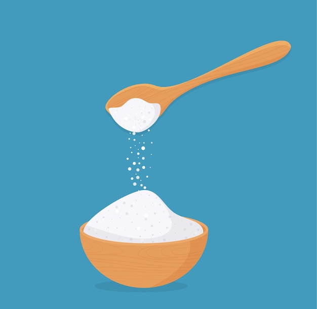 Vector illustration of a salt or sugar in a wooden bowl and in a wooden spoon