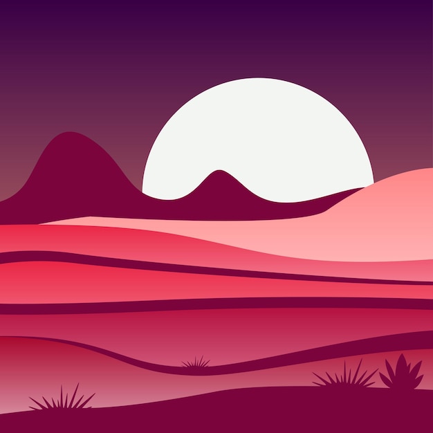 Vector illustration of sandy desert in pink and purple gradient colors. Big full moon behind rocky mountains. Wild western landscape. Graphic design for travel poster, banner or web-site background.