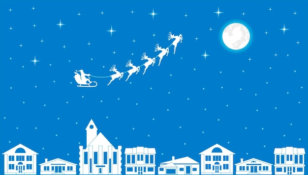 Vector vector illustration of santa and christmas reindeer over the city