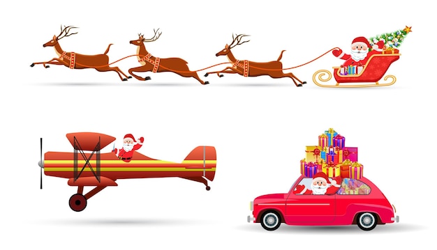 Векторная иллюстрация Санта-Клауса, летящего с оленями