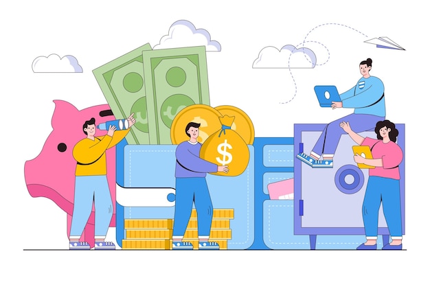 Vector illustration of saving or accumulating money with large piggy bank open purse brankas and people characters