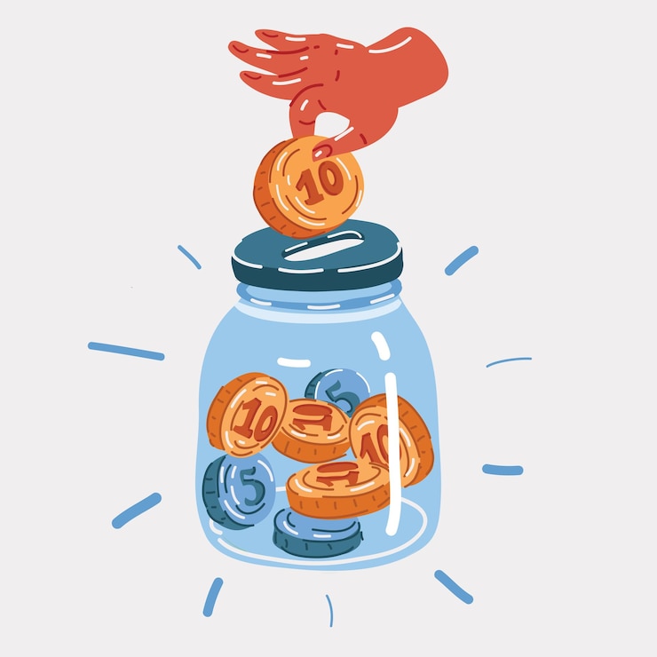 Vector vector illustration of saving jar hand put coins in glass jar