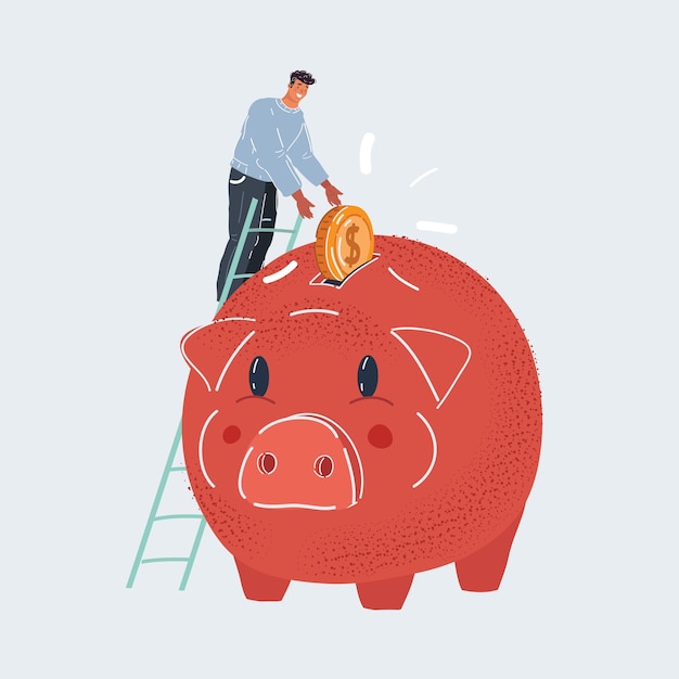 Vector illustration of saving money young tiny man putting coin into big pig money box close up on dark background on white background