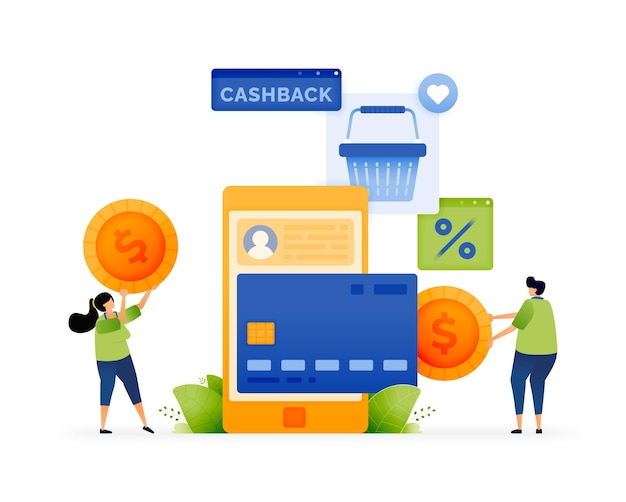 Illustrazione vettoriale del budget di risparmio e dei programmi di cashback di e-commerce mobile shopping intelligente con app di cashback e sconti mobili può essere utilizzato per le app del sito web della campagna pubblicitaria sui social media