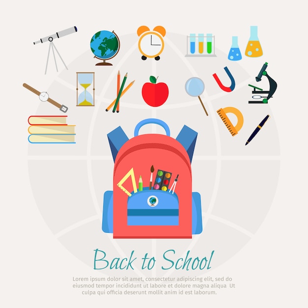 Vector vector illustration of school bag with education objects background