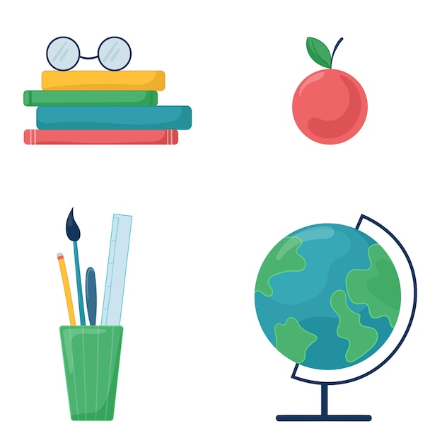 Векторные иллюстрации набор школьных предметов: глобус, очки, линейка, яблоко, карандаш, кисти, книги на белом изолированном фоне.