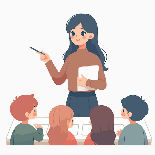 Vector vector illustration of school teacher explaining lesson to pupil