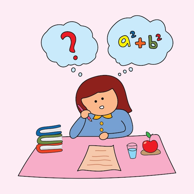 vector Illustration of a schoolgirl thinking about how to do her homework or assignments