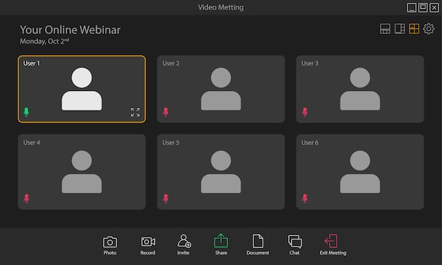 ビデオ会議アプリケーションのレイアウトの画面表示のベクトルイラスト ビデオ会議UI