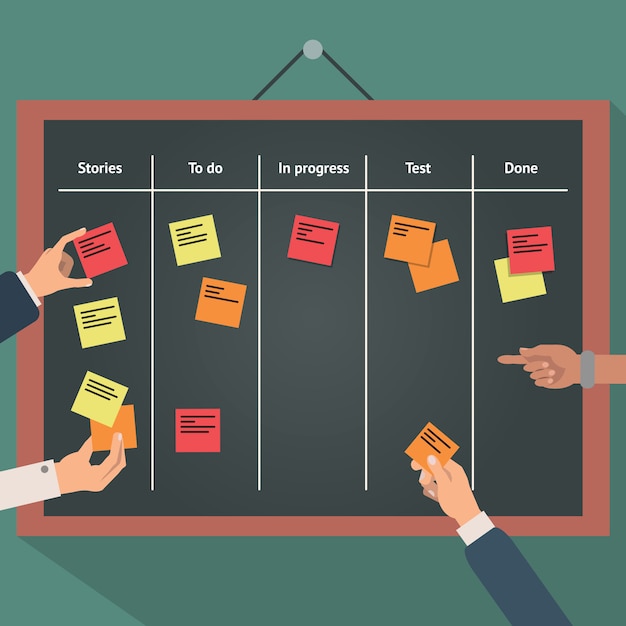 Vector vector illustration of scrum agile board with flat hand and stickers.