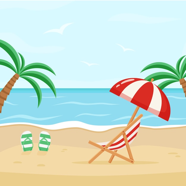 Vector illustration of the sea coast with a deck chair and umbrella. Sunny day at the beach.