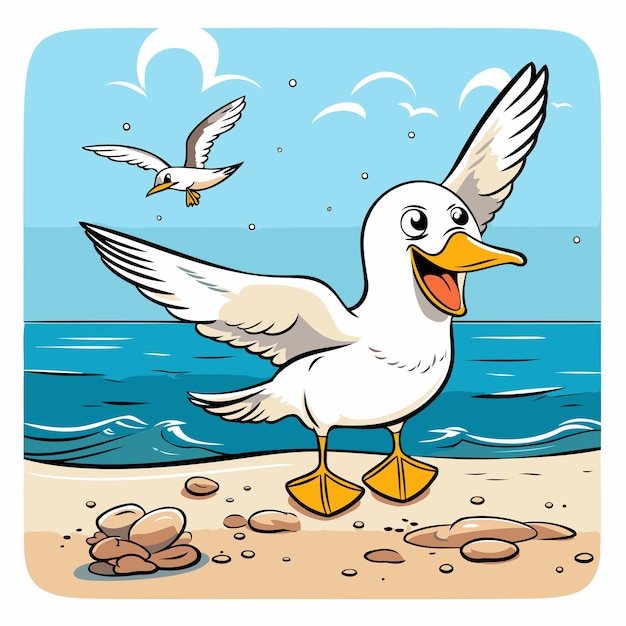 Vector vector illustration of a seagull on the beach with seagulls