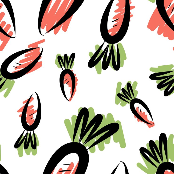 Vector vector illustration of seamless background of orange and green carrots on beige surface