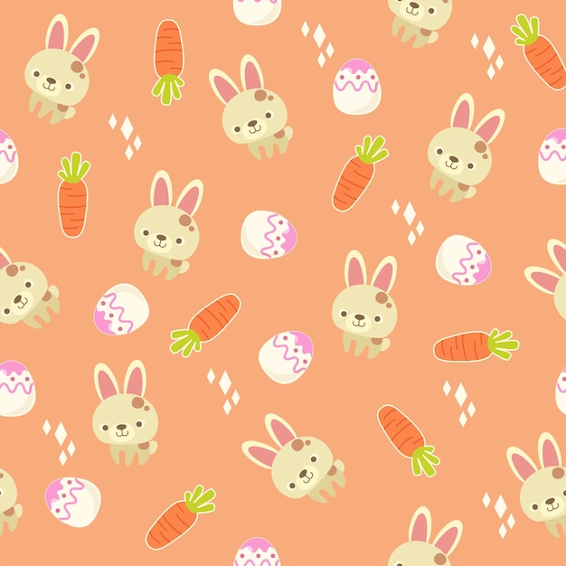 Illustrazione vettoriale di sfondo senza soluzione di continuità con uovo di carota coniglietto in stile cartone animato carino
