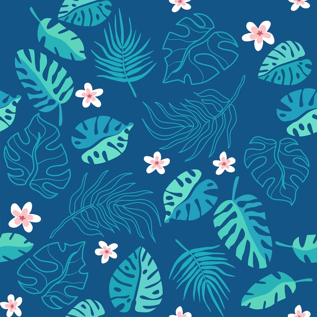 Vector vector illustration for seamless blue background with flower and leaf in cute cartoon style