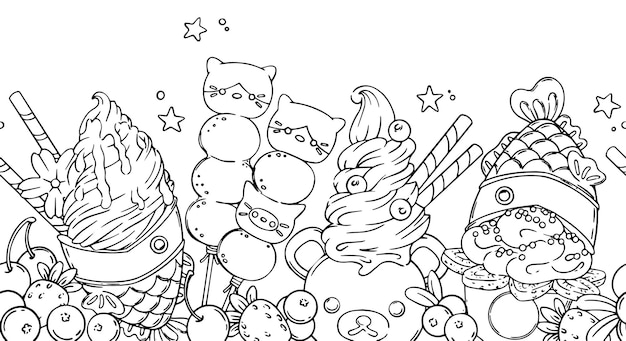 vector illustration seamless border with asian sweets kawaii street food coloring book