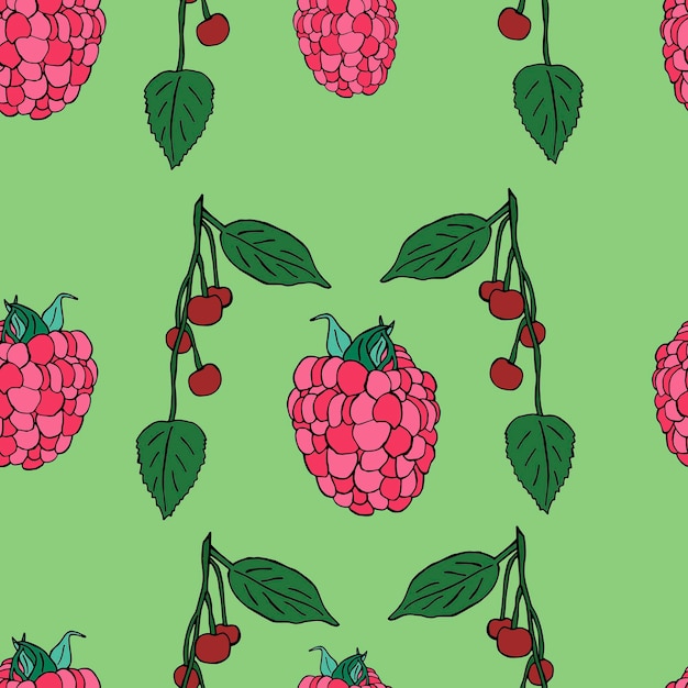 Vector vector illustration seamless pattern berries raspberries and cherries summer food wallpaper pink cherry green