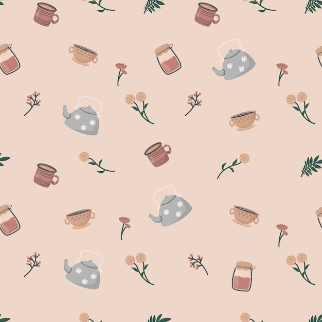 Vector illustration seamless pattern. Cute doodle tea and coffee cups, teapot and glass jar, twigs with leaves and flowers. Background decoration in warm cozy colors.