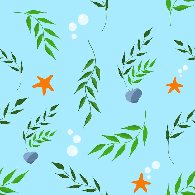Векторная иллюстрация бесшовных зеленых водорослей с морскими звездами и пузырьками