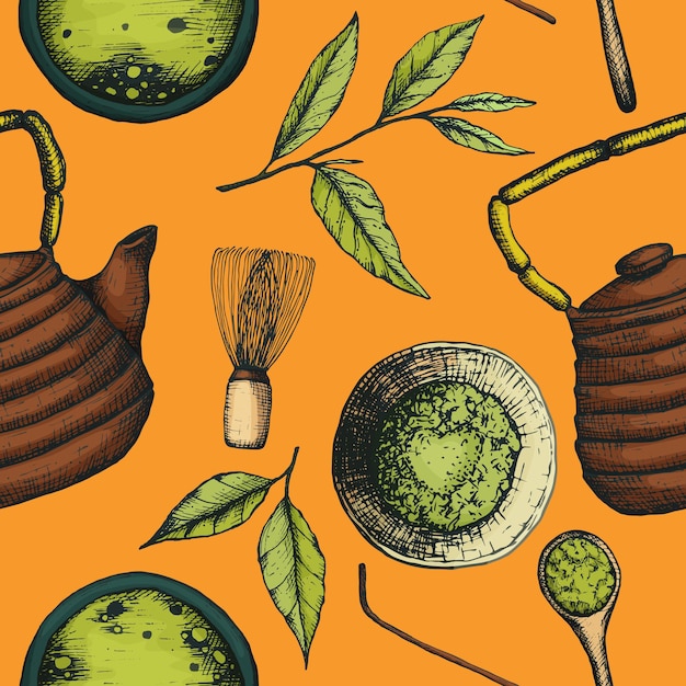Векторная иллюстрация бесшовных ингредиентов шаблона для листьев чая маття, чашек, чайника на желтом фоне. Чайный узор для упаковки, обертывания или канцелярских принадлежностей