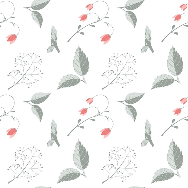Vector vector illustration seamless pattern with leaves twigs flowers in green red on a white background