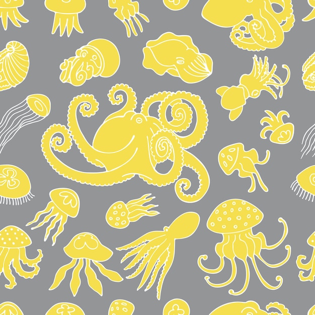 Vector illustration of seamless pattern with octopuses and jellyfishes
