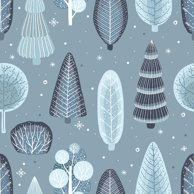 Vector illustration of seamless pattern with trees and firtree in winter time with snow in flat cartoon style