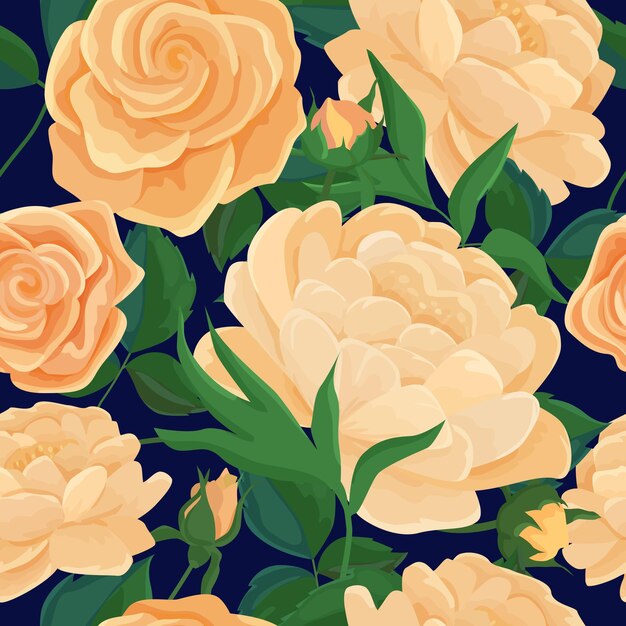 Vector illustration of a seamless pattern of yellow flowers in a dark blue field. Peonies and roses for fusion design of bed linen, fabrics, wallpaper for interior