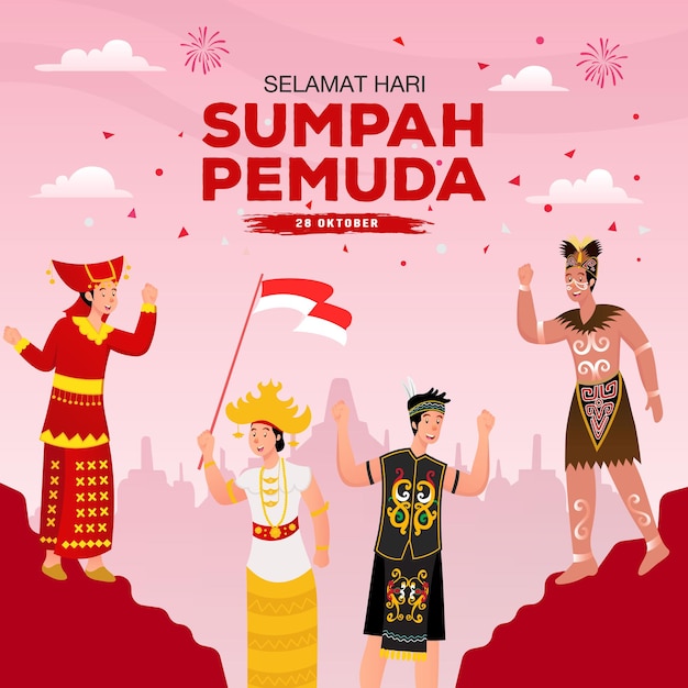 ベクトルイラスト。 selamat hari Sumpahpemuda。翻訳：幸せなインドネシアの青年の誓い。グリーティングカード、ポスター、バナーに適しています