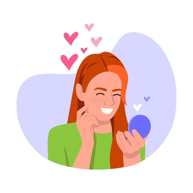 Vector illustration of self love Cartoon scene with a girl who looks in the mirror and admires herself on white background