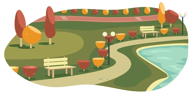 Vector vector illustration of a serene park with benches lights and lake during autumn fall season