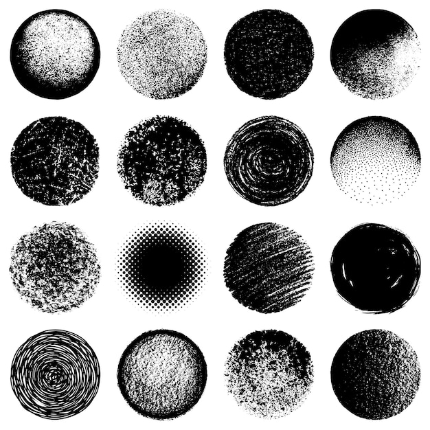 Vector illustration Set of 16 grunge circles All the circles feature different textures and are ex