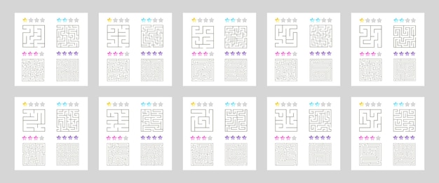 複雑さのさまざまなレベルの子供のための40の正方形の迷路のセットのベクトル図