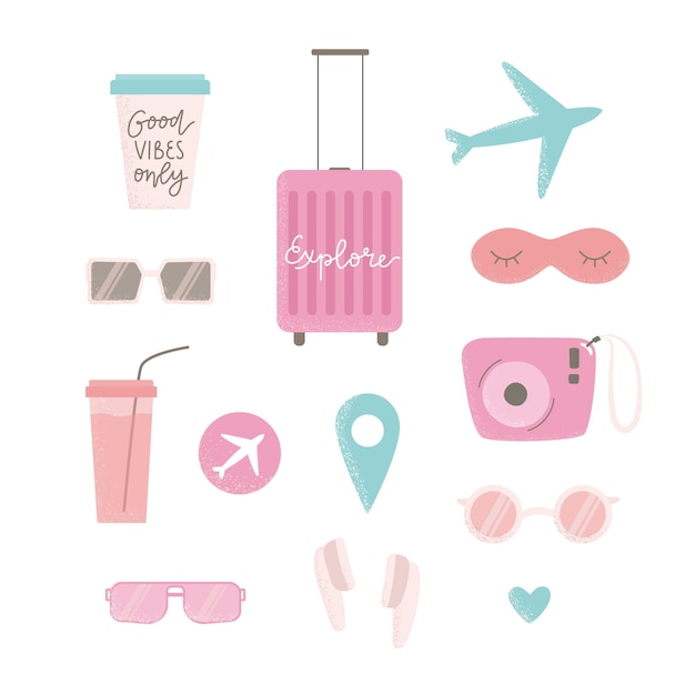 Vector illustration set about travel Vector illustration of luggage glasses camera lettering