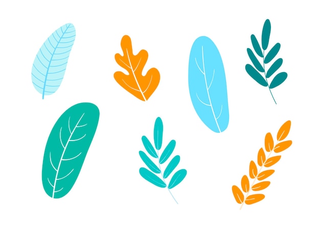 Vector vector illustration, set of abstract plants, leaves in flat, cartoon style. ideal for web, card, poster, cover, invitation, brochure isolated in white background