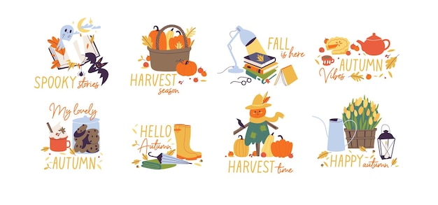 Vector illustration set of autumn elements with quotes fall hand draw lettering stickers bundle