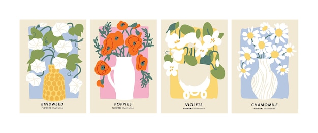 Illustrazione vettoriale set di poster botanici fiori diversi arte per cartoline wall art banner sfondo