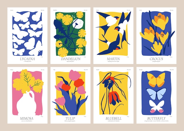 Vector illustration set of botanical posters different flowers swallow birds and butterflies Art for postcards wall art banner background