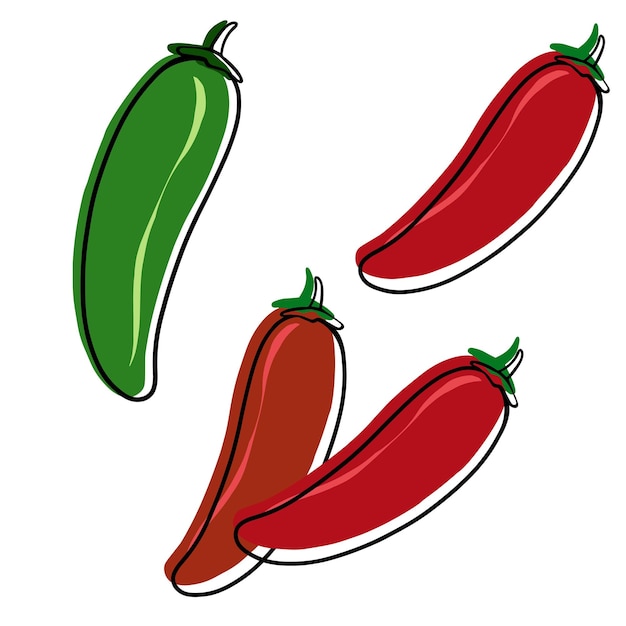 Vector illustration a set of cartoon botanical drawings green and red hot pepper pods