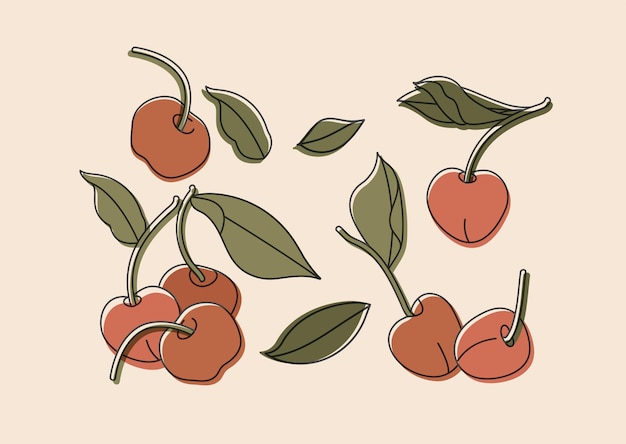 Vector illustration set of cherries isolated on beig background. Horizontal contemporary art for print, social media, posters, postcards.