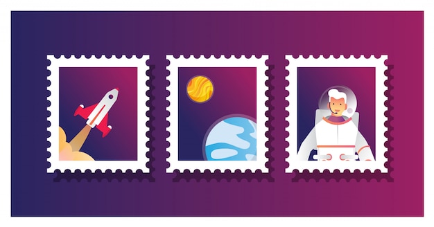 vector illustration of set collection of postage stamp for astronaut