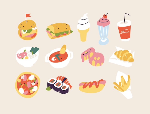 Vector illustration set of colorful cartoon fast food icons Junk food menu