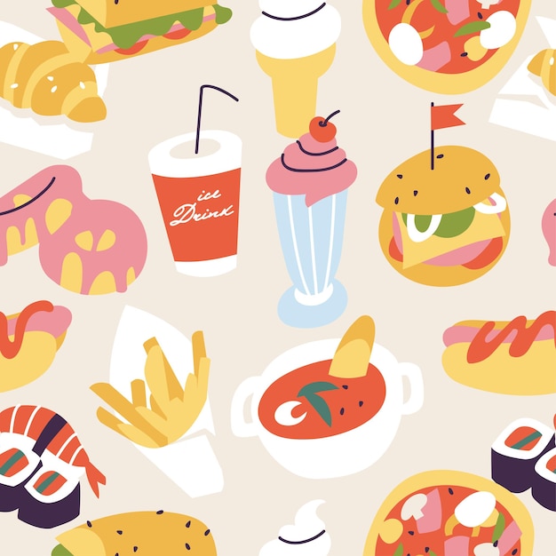 Illustrazione vettoriale set di icone di fast food cartoni animati colorati modello senza cuciture con cibo spazzatura