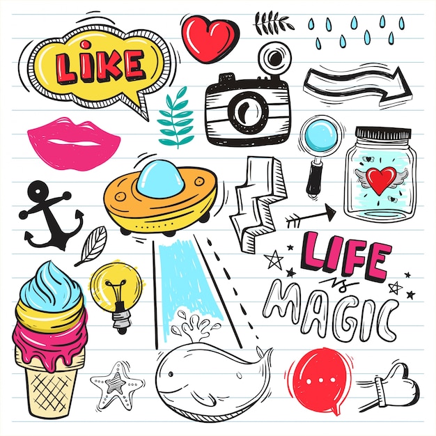 Vector illustration set of colorful cute doodle on paper background